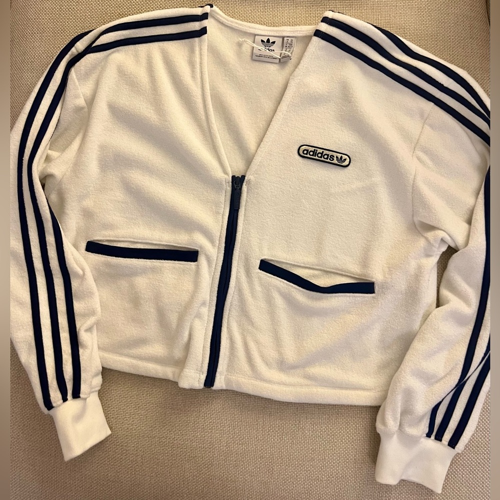 Adidas White and Blue Zip-Up Jacket